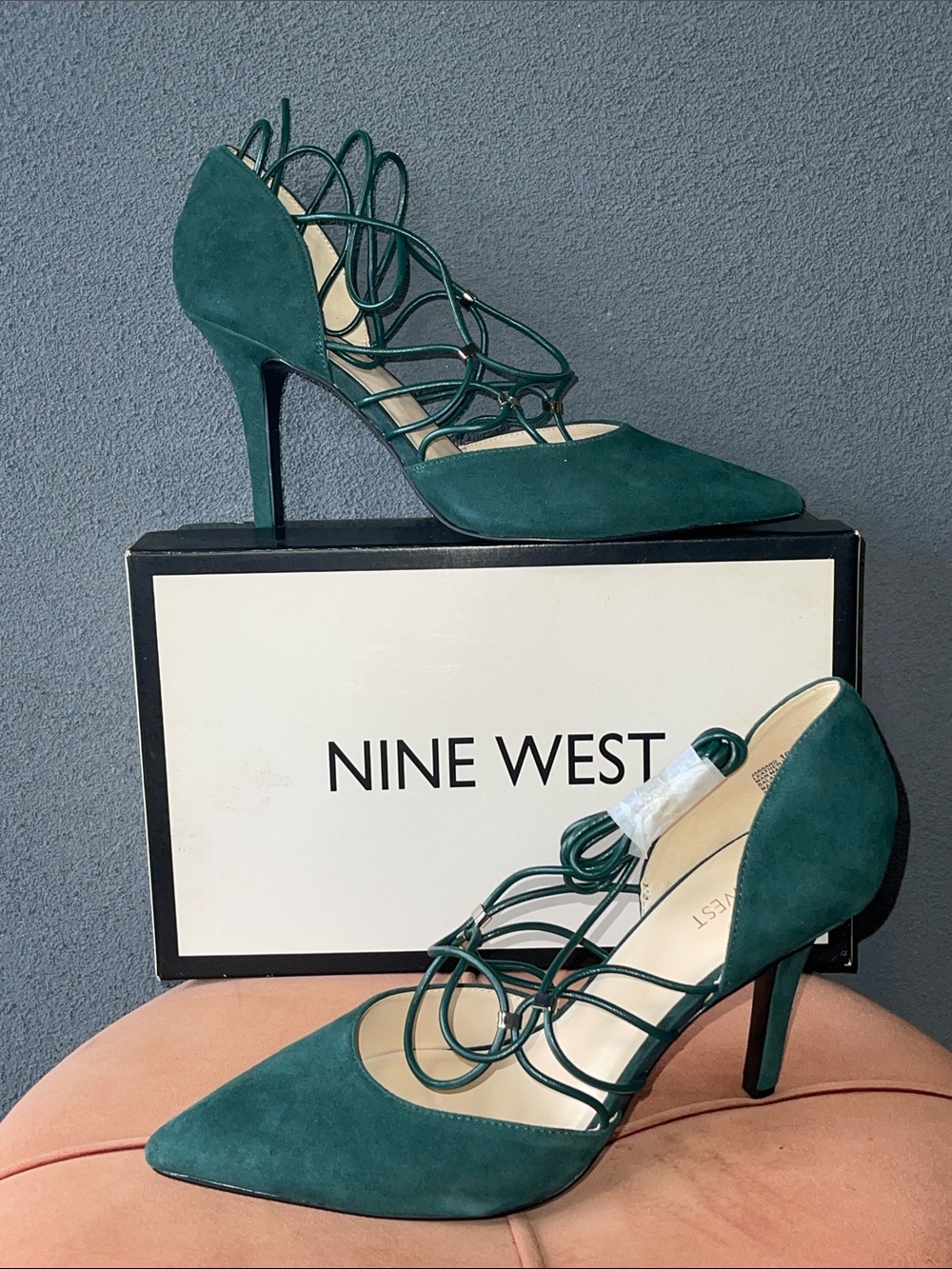 Nine West Green Suede Lace-Up Pointed-Toe Heels SZ 10